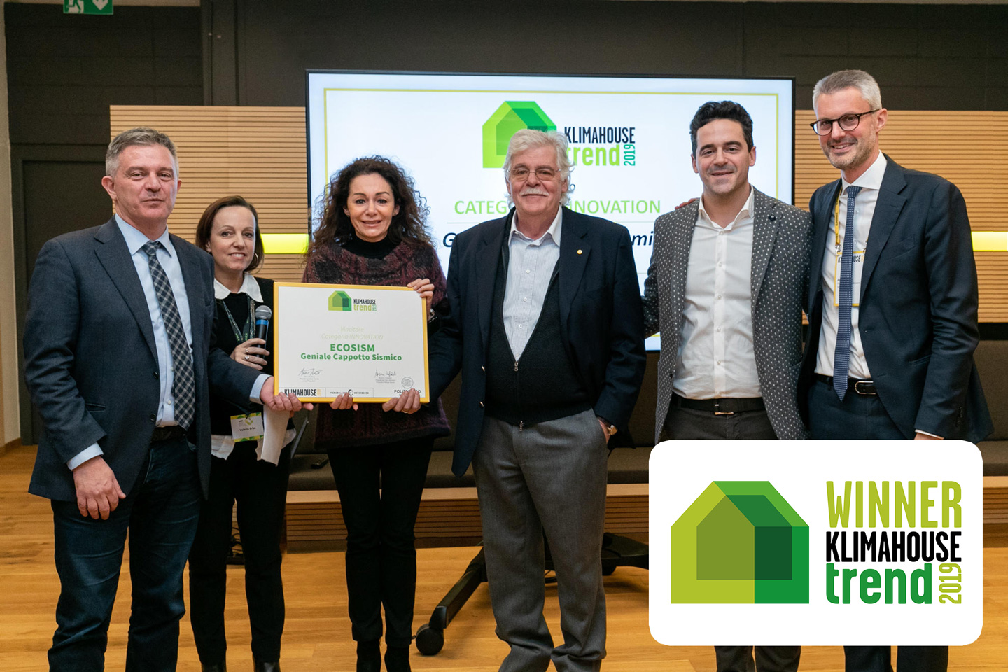 La cerimonia di premiazione del Klimahouse Trend Award 2019: assegnazione premio Vincitore categoria INNOVATION e Categoria ABSOLUTE a ECOSISM srl per “Geniale Cappotto Sismico” (Photo Credit: Marco Parisi)